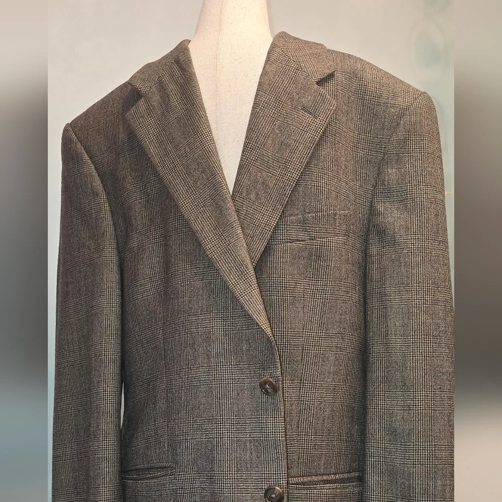 Vintage Chaps Ralph Lauren Men's Tan Brown Glen Check Plaid Blazer Jacket *42R